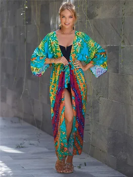 2023 Bohemian Swimsuit Cover Up Retro Stripe Self Belted Women Summer Clothes Long Kimono Dress Beachwear Bikini Cover-ups Q1521 1