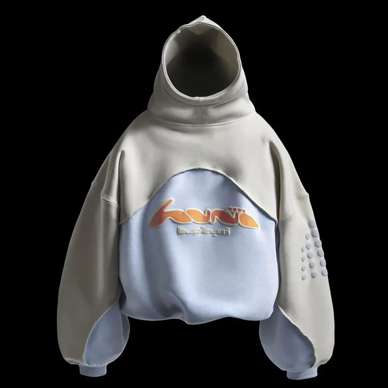 Aesthetic Contrast Stitching Creative Foam Printing Fashion Casual Hoodie High Street Harajuku Hip Hop Rock Long Sleeve Pullover