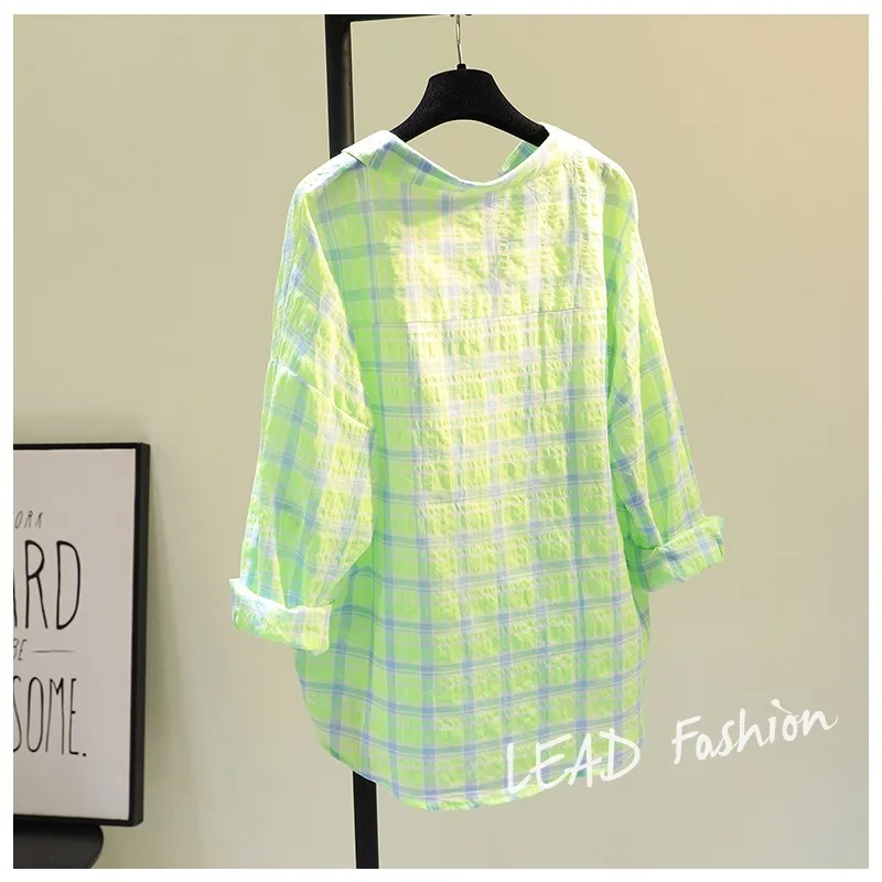 Single pocket cotton linen plaid shirt for women's summer new sunscreen shirt Korean version loose casual top orange