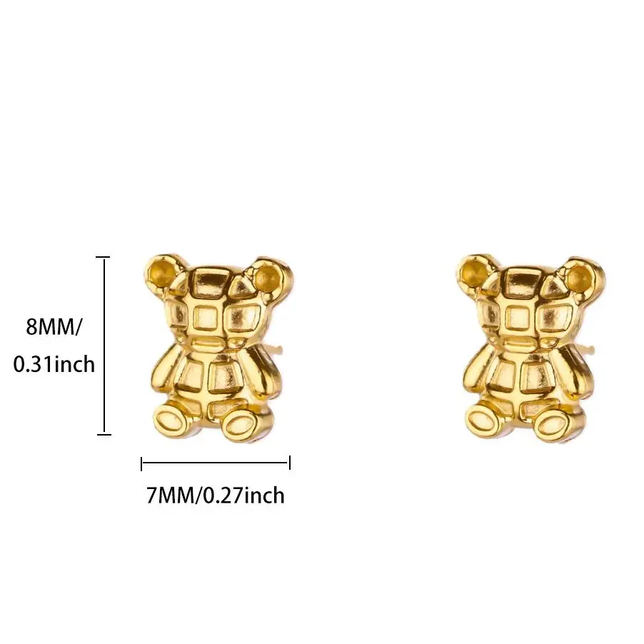 Cute Cartoon Bear Stud Earrings for Women Gold Color Stainless Steel