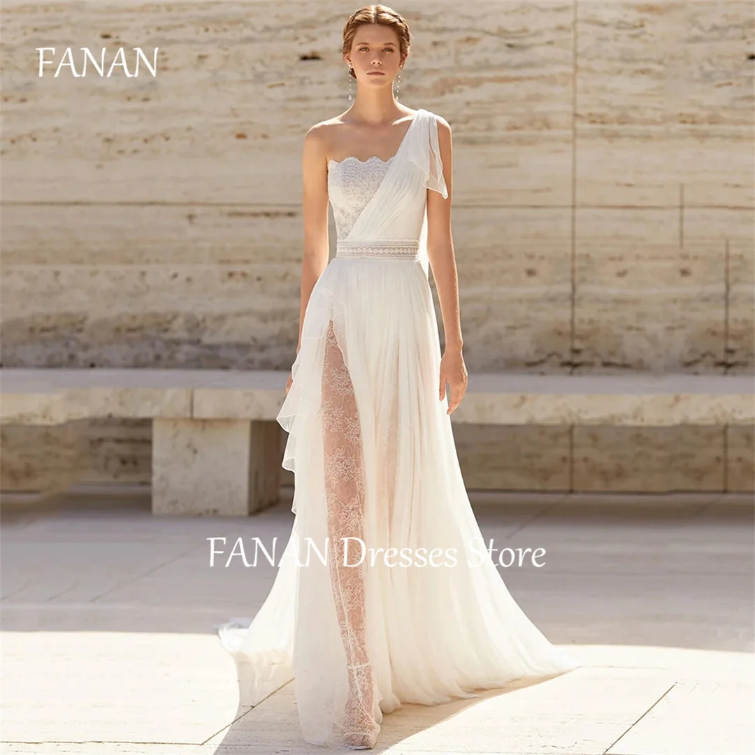 

FANAN Korea One-Shoulder Sleeveless Wedding Dresses 웨딩드레스 Chiffon Floor Length Elegant Lace Custom Made Bride Gowns Plus Size