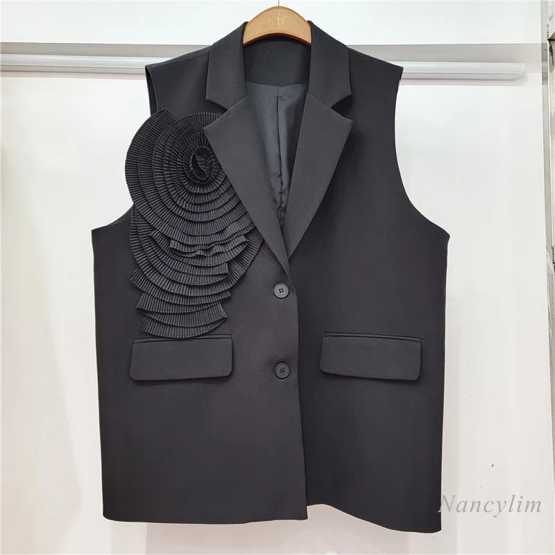 2024 Spring Lapel Sleeveless Three-Dimensional Pleated Large Flower Decorative Single-Breasted Suit Vest Waistcoat for Women