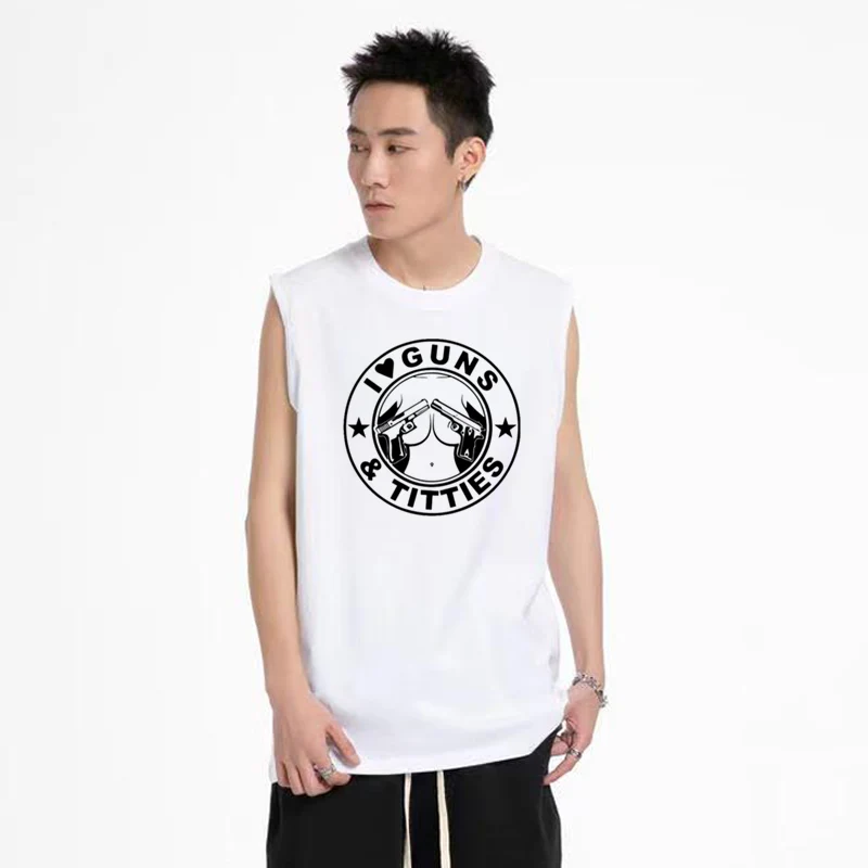 New Fashion Love Guns And Titties I Print Mens Fitness Gym Canotta Uomo O-Collo Gilet Sportivo Camicia Senza Maniche Canottiera Palestre Gilet