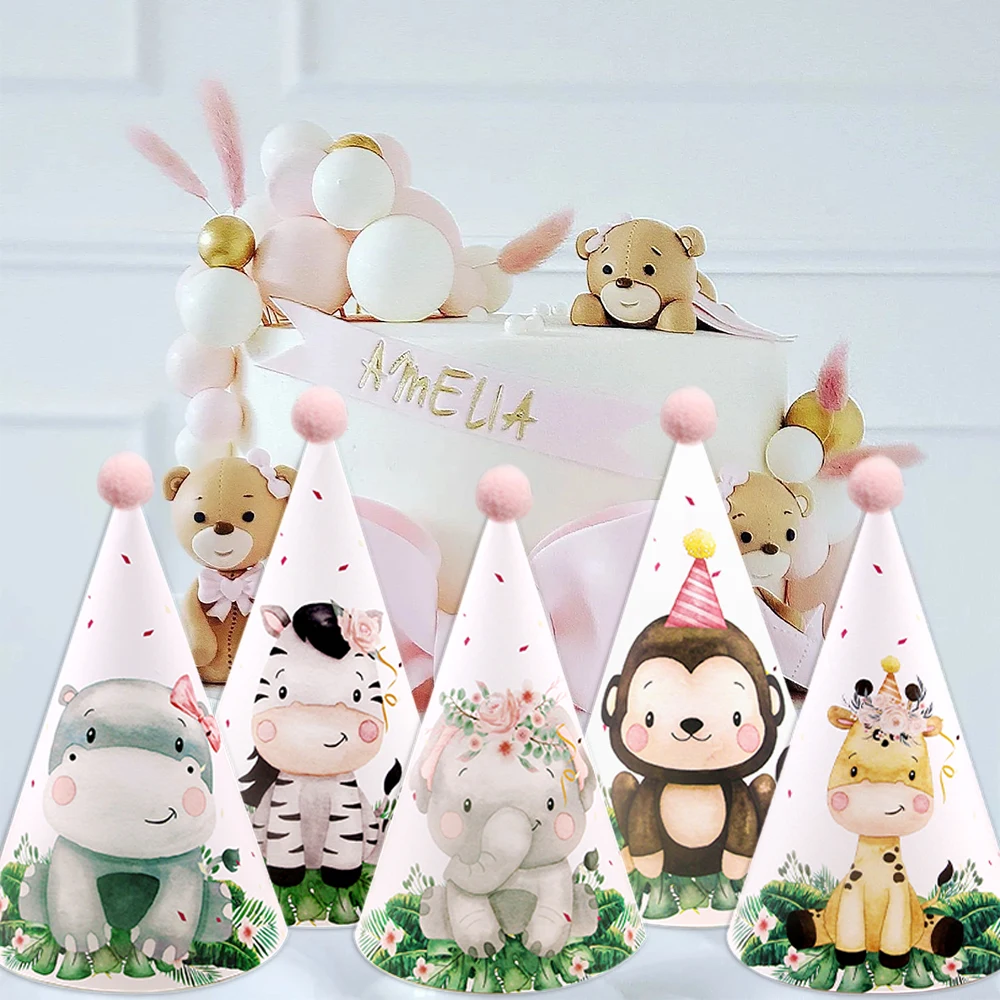 8pcs Wild Animal Paper Party Hats For Kids Jungle Forest Birthday Baby Shower Party DIY Decoration Home Supplies