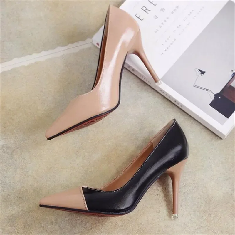 Women Pumps OL Fashion Spell Color High Heels Single Shoes Female Spring Summer Patent Leather Wedding Party Shoes Woman