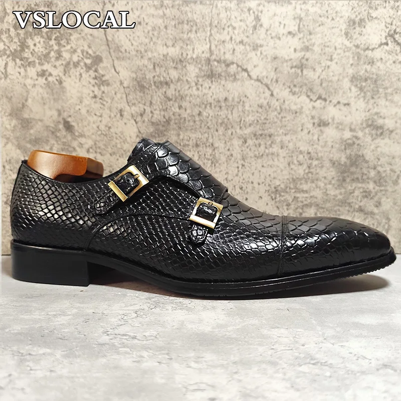 Luxury Men's Loafers Shoes Snake Prints Formal Dress Men Casual Shoes Black Brown Genuine Leather Double Monk Men leather shoes