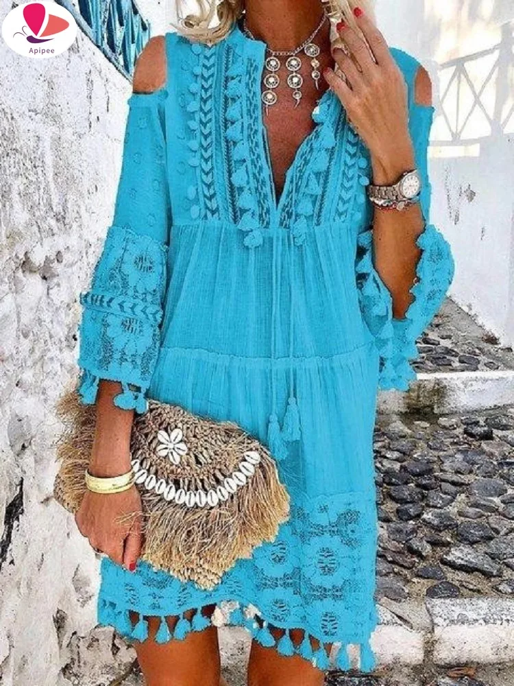 

Tassel Sexy Boho Long Dress Women Lace Fall Solid Hollow Out V-Neck Lace Sexy Dresses Bohemian Style Dress Vestidos