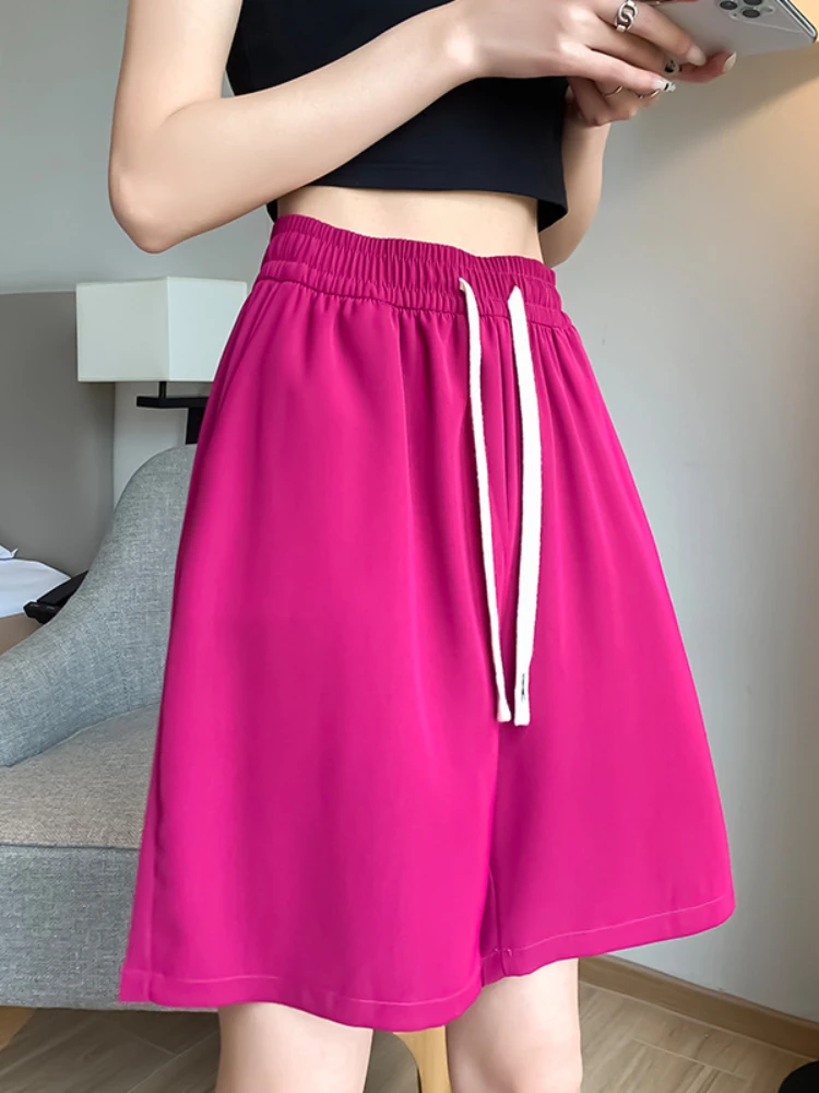 

Summer Shorts for Women Solid Color Fashion Korean Edition Women Shorts High Waist Frenulum Elastic Waist Blue Pocket Shorts