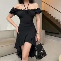 Summer Black A-LINE Dress Women Streetwear Sexy Off Shoulder Short Sleeves Ruffled Mid Length Dresses Club Elegant Partywear - Image 6
