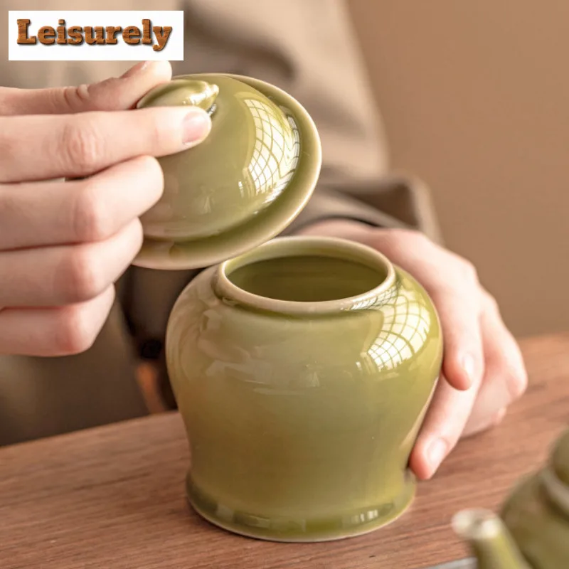 200ml Yaozhou Kiln Celadon Tea Box Organizer Moisture-proof Japanese Vine Melon Storage Tank Containers Tea Caddy Tableware Gift