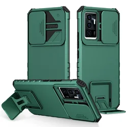 Reinforced Slide Armor Phone Case with Push Window Bracket for VIVO V23E (Dark Green)