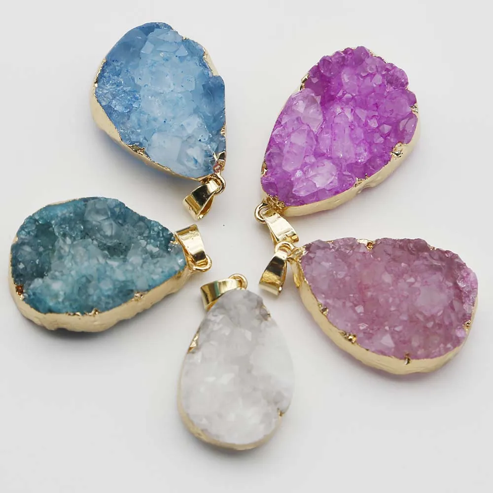 Natural Agate Crystal Semi Gem Water Drop Gold Edged Pendant Exquisite Necklace Fashion Charm Jewelry Accessories Wholesale 6Pcs