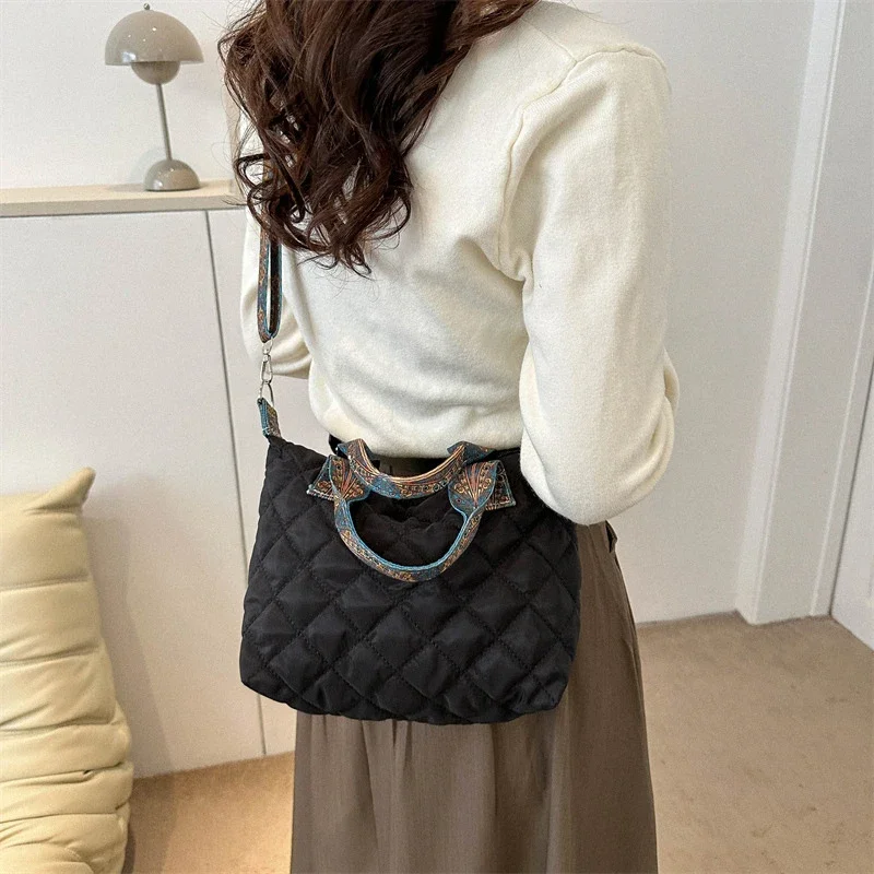 Women Wide Shoulder Belt Handbag Fall/Winter Rhombus Space Cotton Shoulder Bag Large Capacity All-Match Shopping Tote Bag shoulder bag,ladies handbag