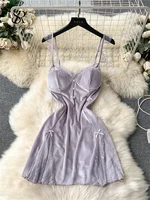 SINGREINY Strap Sexy Velvet Dress Fashion Senior Pearls Sleeveless Slim Women Lace Hollow out Backless High Quality Mini Dress - Image 3