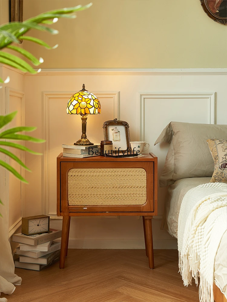 

Retro Solid Wood Rotating Bedside Table Dresser Rattan Dresser Integrated Bedside Storage Side Cabinet