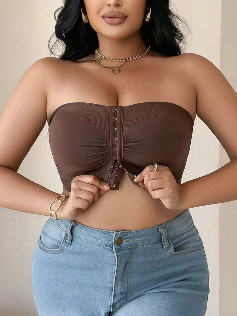 Plus Size Seamless Front Zip Bandeau Bra Top For Women No Padding 2