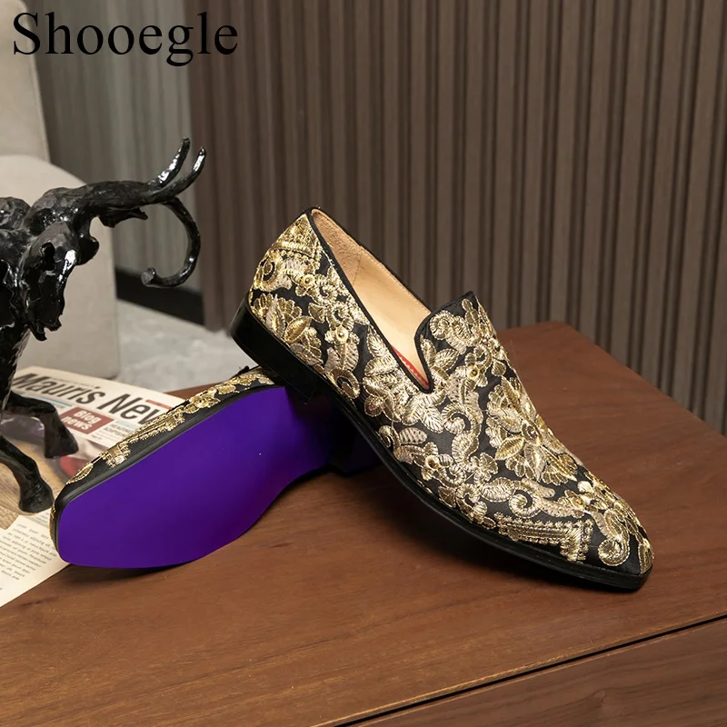 Gold Prom Gold Studded Mens Loafers Fashion Men Hand-embroidered