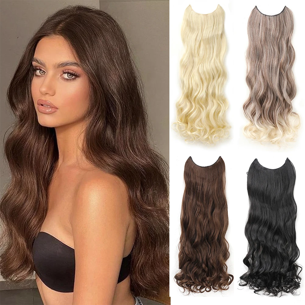 

Invisible Wire Hair Extensions with Transparent Headband Adjustable Size 2 Secure Clips 26 Inch Long Wavy Synthetic Hairpiece