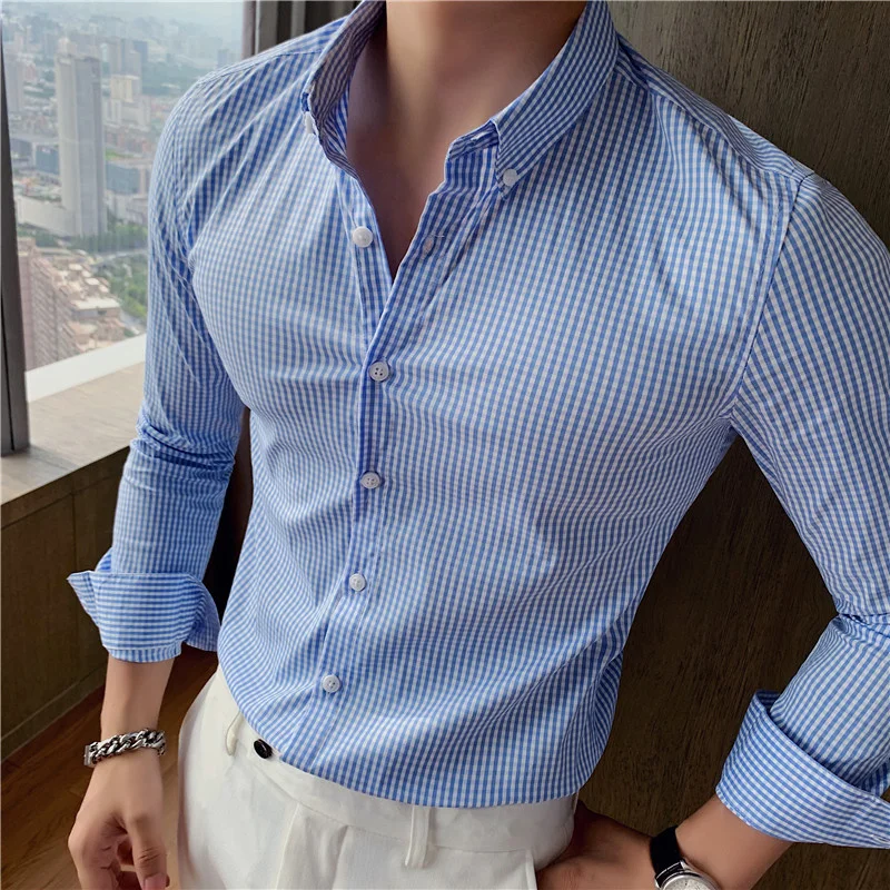 

2023 Brand clothing Men spring high quality pure cotton Long seeve shirts/Mae sim fit plaid lapel Business shirts Plus size 4XL
