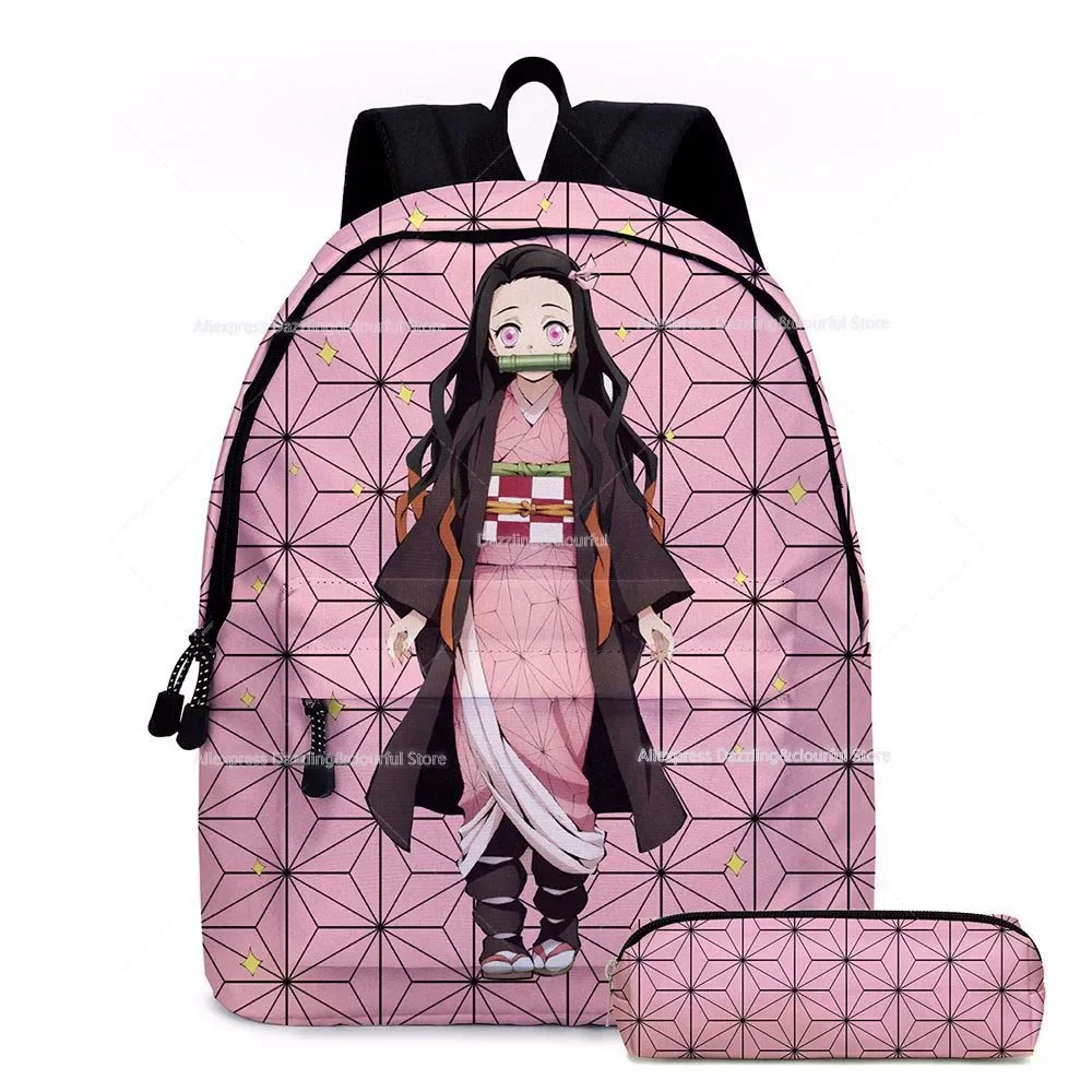 Demon Slayer Nezuko Backpacks 2pcs Girls School Bags Kimetsu No Yaiba Kids Anime Bagpacks Female Male Bookbag Gifts 2