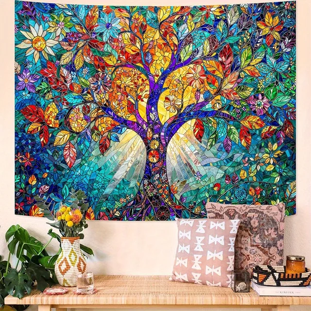 Tapisserie d'arbre colorée, tissu de fond suspendu, tissu mural décoratif de chevet de chambre à coucher, tapisserie de dortoir de location 3