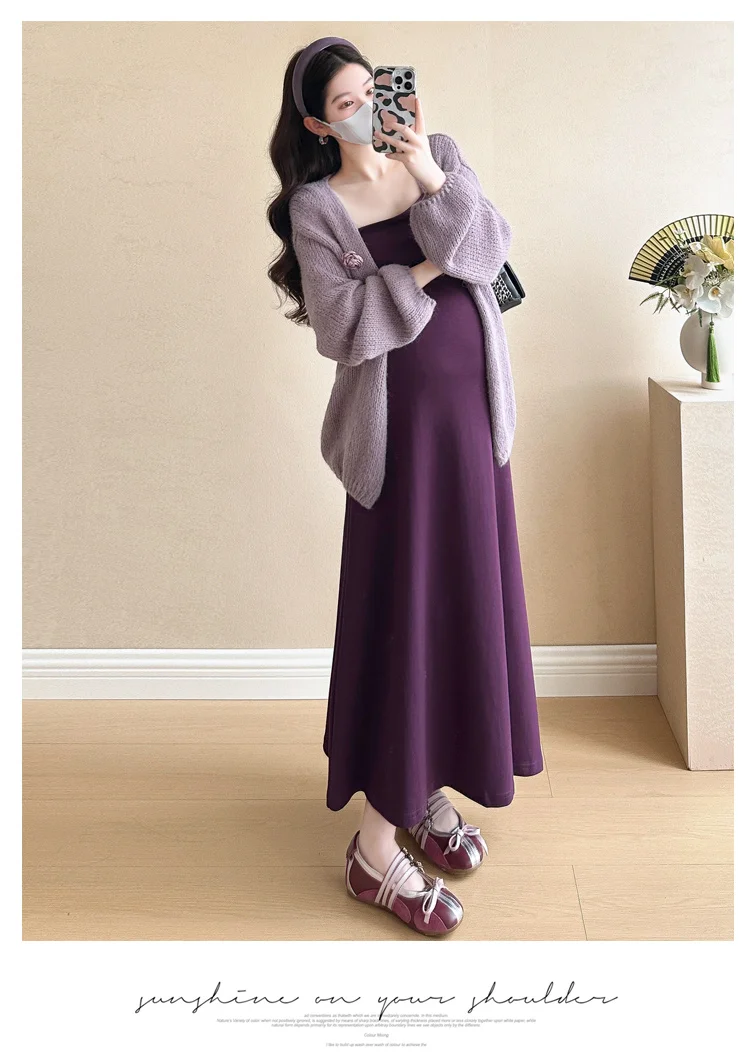 Spring Pregnant Woman Two-piece Set Irregular Knitted Jacket+Knitted Strap Dress Sweet Maternity Princess Party Dress Suits