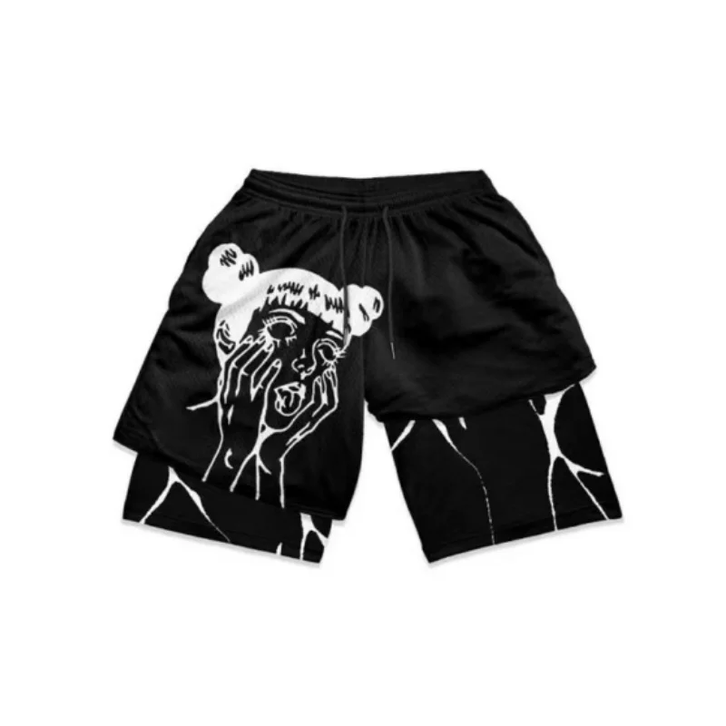 Summer 20243d printed double shorts men's fitness fashion sports casual quarter pants mesh breathable quick dry