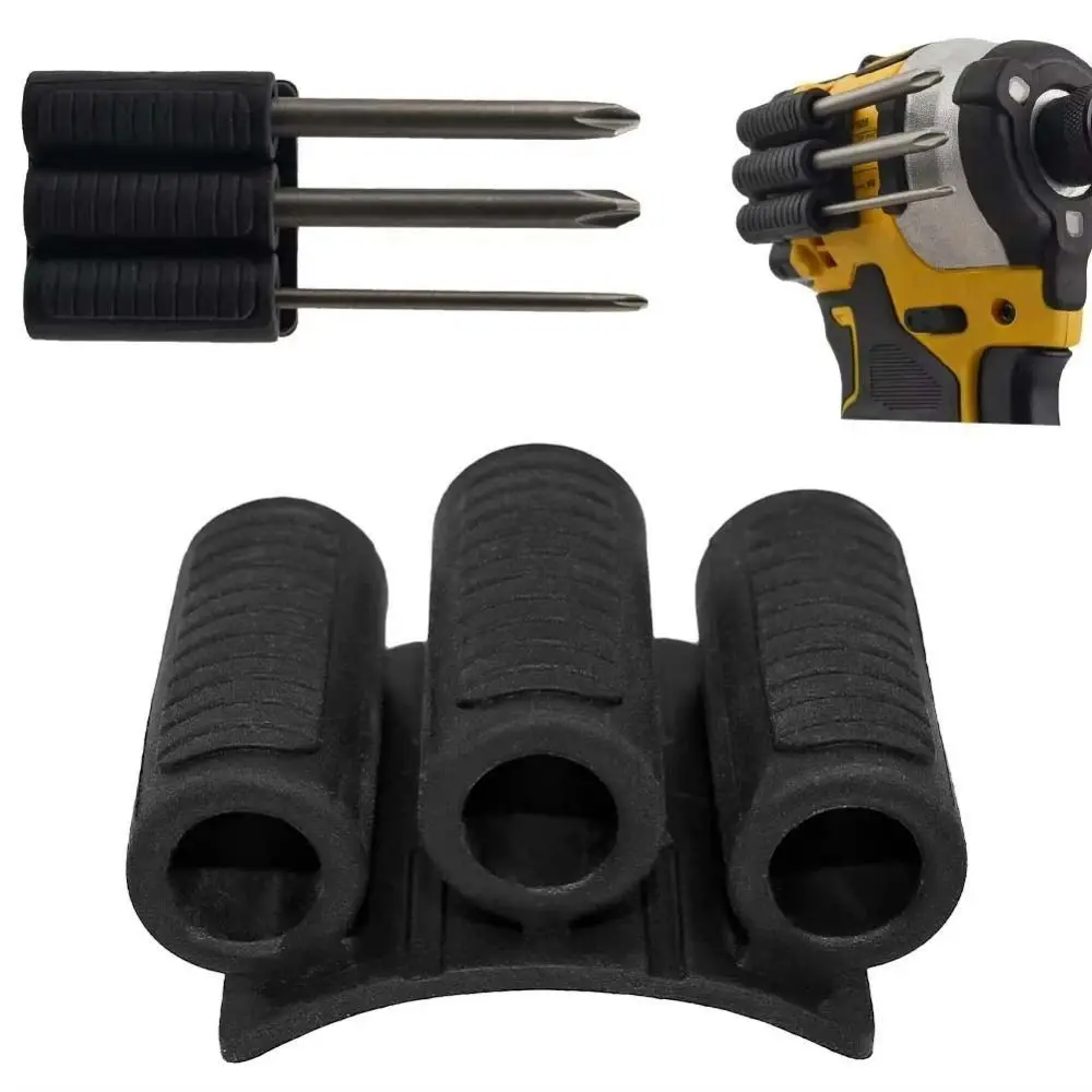 Self-Adhesive Drill Bit and Screwdriver Organizer Clip - Quick Change Black Rubber Holder with 3/4 Slots