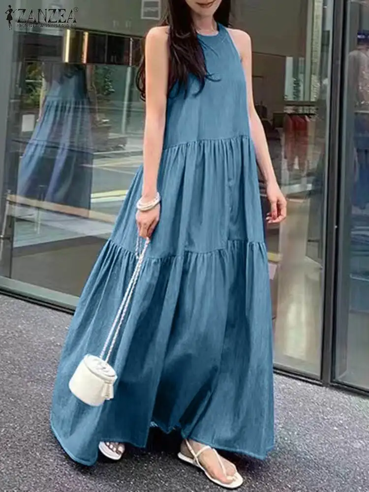 Vestido Largo Azul Vaquero Envejecido Sin Mangas Con Botones De