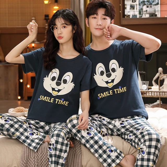 New Sleepwear Couple Men and Women Matching Home Suits Cotton Pjs Cartoon  Prints Leisure Nightwear Plus