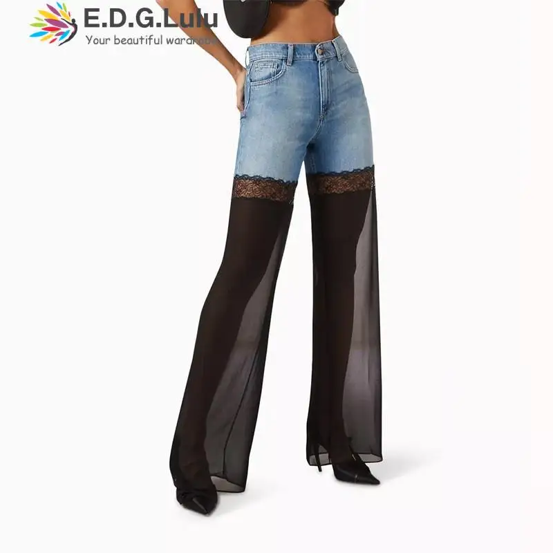 

EDGLuLu Sexy See Through Mesh Patchwork Lace Denim Pants Women High Waist Leisure Street Wide Leg Jeans Spring 2024 0518