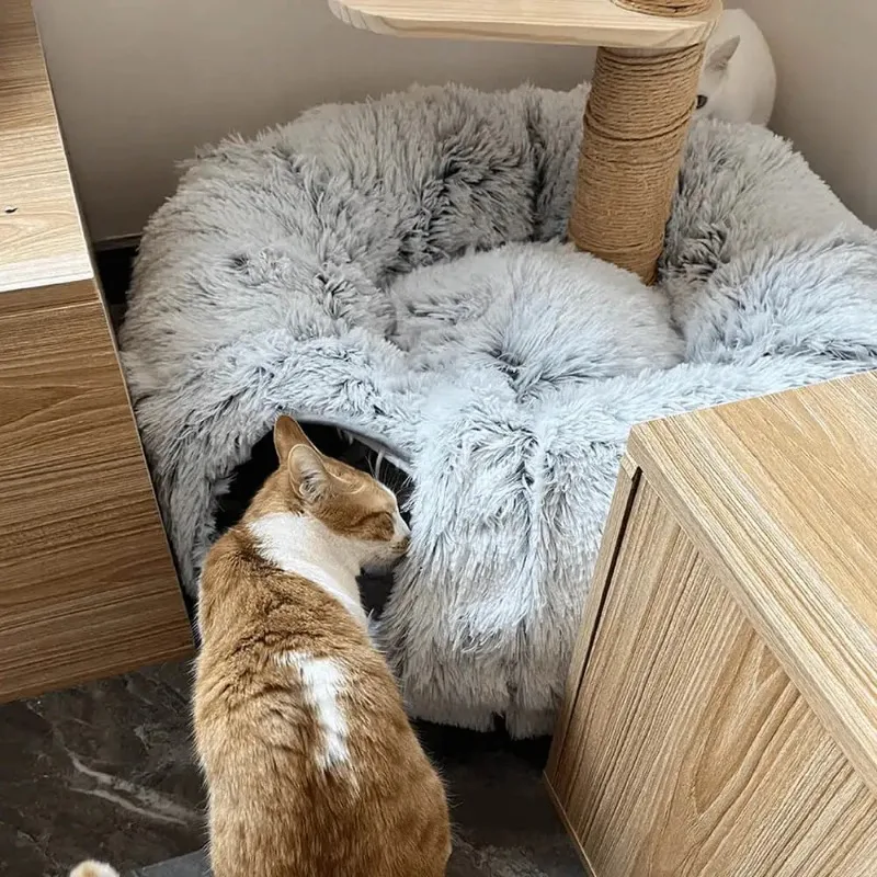Plush Cat Bed with Tunnel for Indoor Cats, Multifunctional Cat Tunnel Bed with Peephole, Fluffy Donut Cat Bed with Tunnel