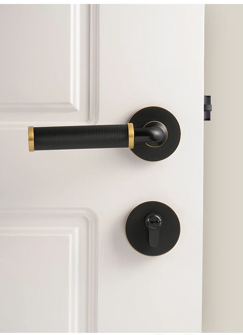 Dooroom Luxuriöses Messing-Türgriff-Set mit Rändelung in Schwarz-Gold, Modernes Innentürschloss für Schlafzimmer und Badezimmer, Dummy-Knauf mit Privatsphäre- und Durchgangssperre – Detail 7