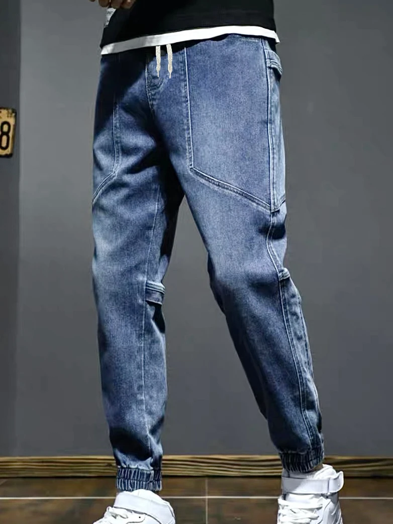 2024 Men Spring and Autumn Fashion Trend Denim Loose Fitting Leggings Nine Division Outfit Mid Waist Versatile Casual Pants
