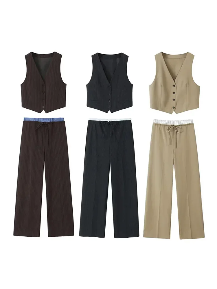 

HH TRAF Female Sleeveless Vest Pants Sets Fashion Women Casual V-Neck Slim Tank Tops Button Elegant Waistcoat Wide Leg Pants