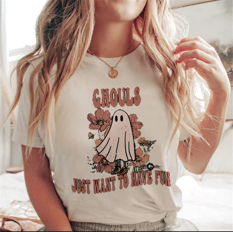 Lettera stampata bianca cartone animato Halloween autunno maglietta casual vestiti tendenza anni '90 donna donna T costume donna stampa grafica925_voghion.com