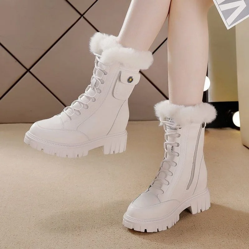 Internal Increase 7CM Women & Girls Snow Boots Winter Warm Female Antiskid Soft Leather Shoes With Thick Plush Size 35-40