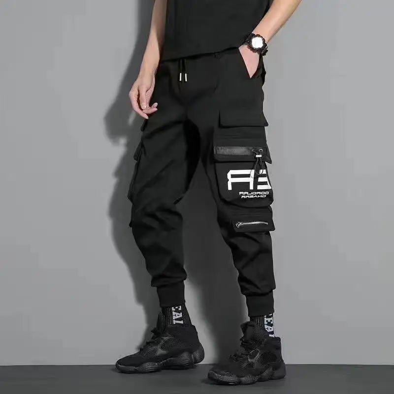 Thin Streetwear Casual Pants Men Ribbons Harem Jogging Pants Male Slim Fit Spring Cargo Pants Multi-Pockets Women Trouser J9 2