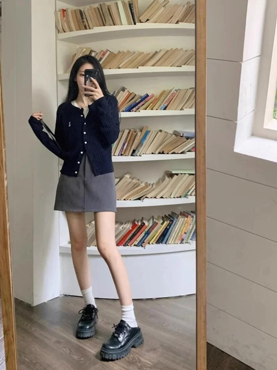 Navy blue rabbit embroidery 100% pure wool cardigan women's thin style long sleeved knitted sweater jacket unique and chic top