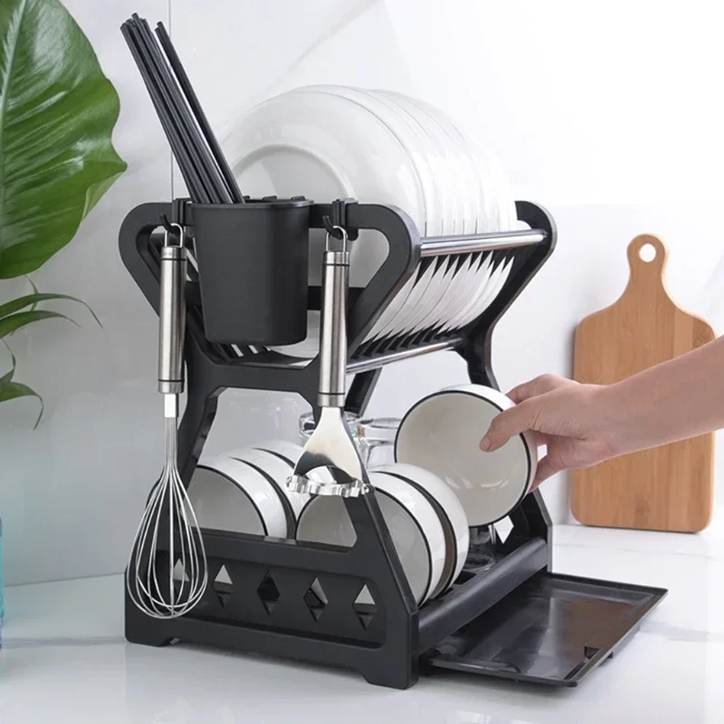 Kitchen Sink Countertop Holder Kitchen Items Dish Dying Rack Double Layer Plastic Dish Rack Drying Stand Cup Cutter Storage 4