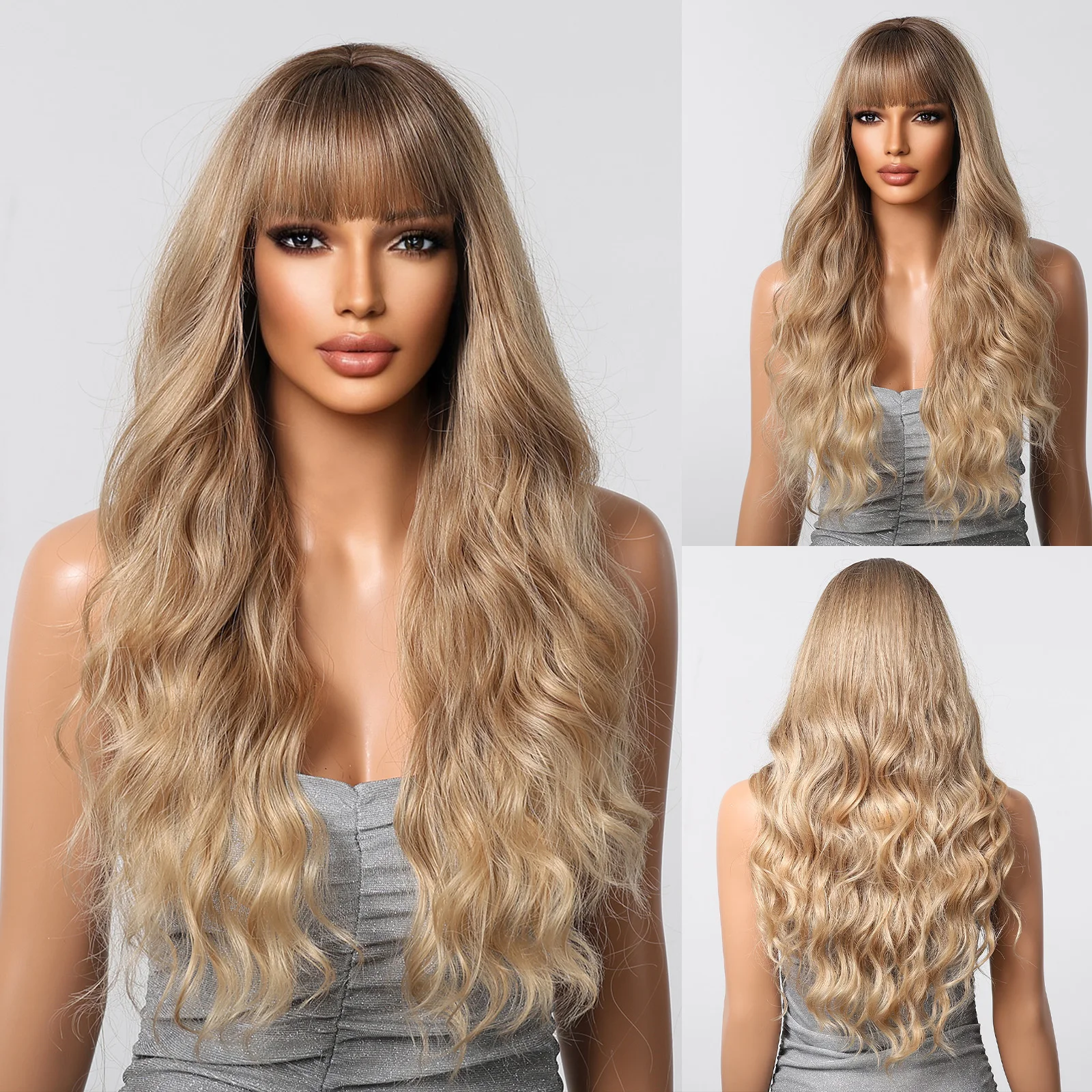 

Ombre Blonde Long Loose Wave Synthetic Hair Wigs with Bangs Light Brown Curly Wigs for Women Daily Party Natural Heat Resistant