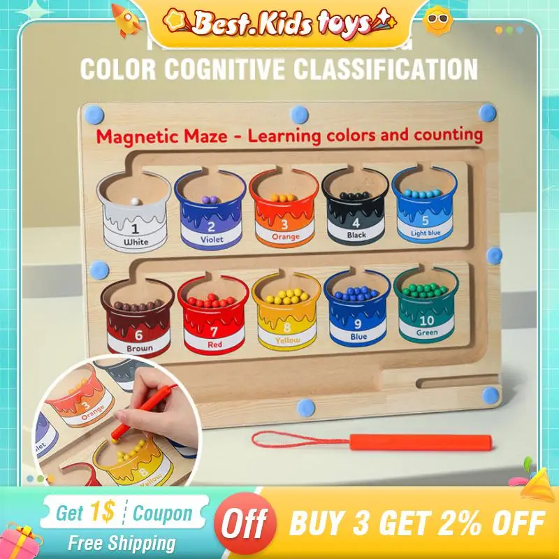 어린이 몬테소리 장난감, 자석 색상 숫자 미로 인지, 나무 걷기 구슬, 자석 펜 미로 퍼즐 학습 교육 
