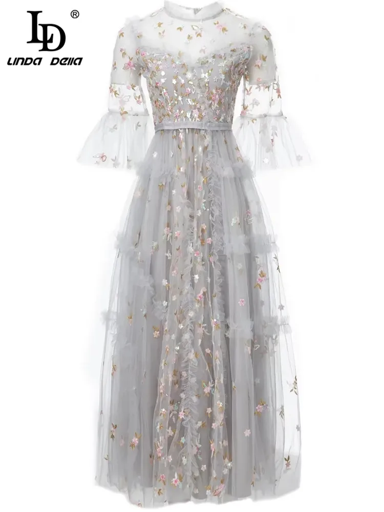 

LD LINDA DELLA Fashion Runway Summer Vintage Party Dress Women's Flare Sleeve Flowers Embroidery Mesh Vacation Midi Dress
