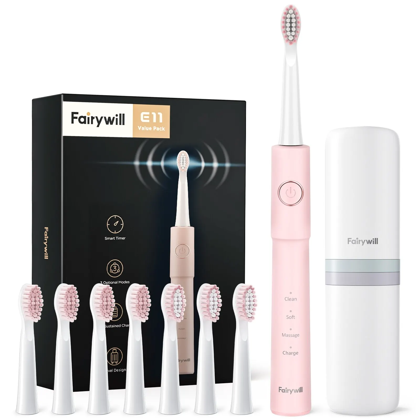 Fairywill 성인용 소닉 전동 칫솔, E11 방수, USB 충전, 충전식 전동 칫솔, 8 브러시 교체 헤드