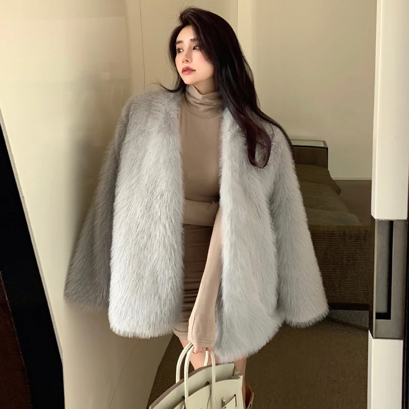 Korean style young women winter long sleeves faux fur coat cardigan design long loose female fur outerwear thick warm jackets