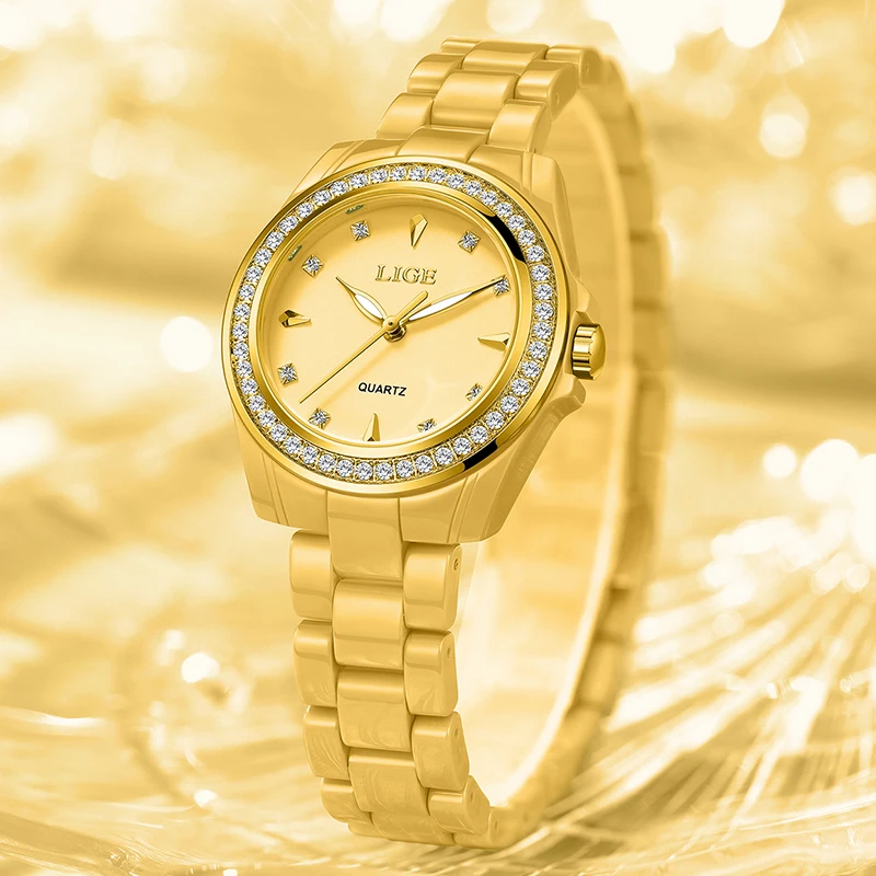 New LIGE Fashion Round Gold Ceramic Ladies Watch Simple Elegant Women's Bracelet Watch Waterproof Quartz Wrist Watches for Women