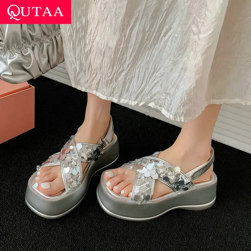 QUTAA Gold Silver Party Wedding Shoes For Women Wedge High Heels Prom Pumps Sexy Slingbacks Sandals Size 34-39
