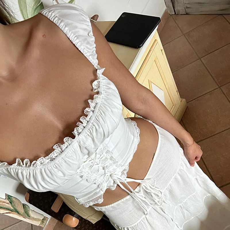 Fairycore Kawaii Lace Trim Front Tie Up T-shirt French Romatic Square Neck Crop Tops Chic Women Slim Fitted Tees Y2K Streetwear 12 Fairycore Kawaii Lace Trim Front Tie Up T-shirt French Romatic Square Neck Crop Tops Chic Women Slim Fitted Tees Y2K Streetwear