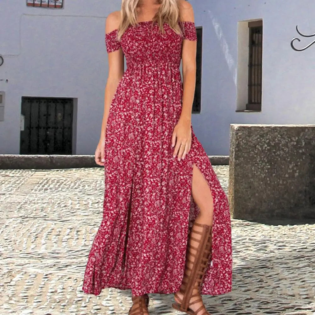 

Women Dress Off Shoulder Waist Tight Double Split Hem Boho Dress Bohemian Floral Print Short Sleeve Maxi Dresses Female Clothing