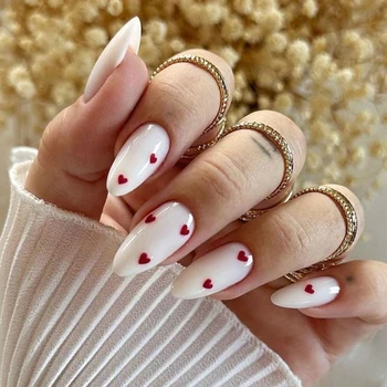 24PCS Almond-Shaped Nails White Full Coverage Press Red Heart-Shaped Acrylic Nails-Shiny To Stick Nails Suitable For Ladies 1